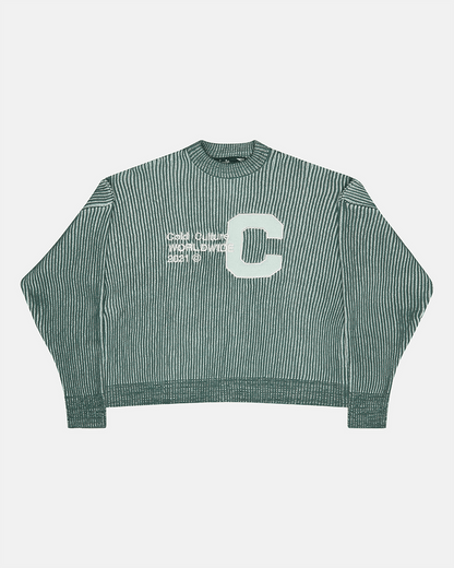 COLD UNIVERSITY KNIT WARM GREEN - green ribbed knit sweater, front view - Cold Culture