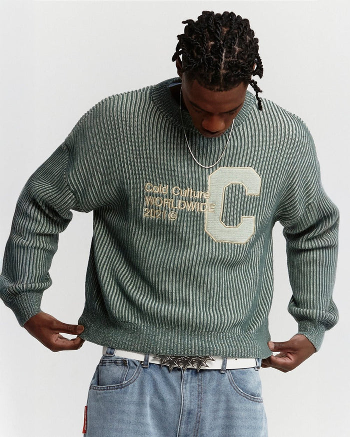 COLD UNIVERSITY KNIT WARM GREEN - green ribbed knit sweater, front view on male model - Cold Culture #man