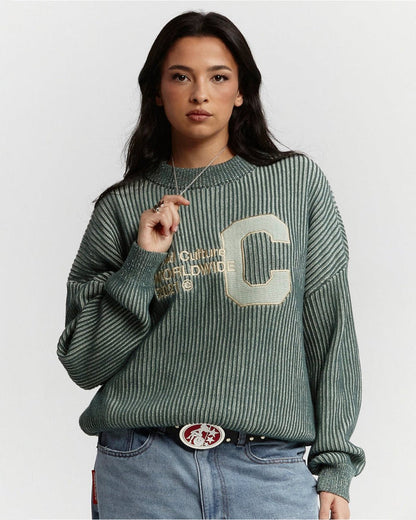 COLD UNIVERSITY KNIT WARM GREEN - green ribbed knit sweater, front view on female model - Cold Culture #woman