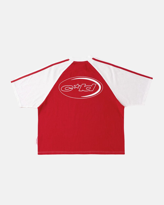 COMBO TEE WHITE/RED - white and red raglan tee, back view - Cold Culture