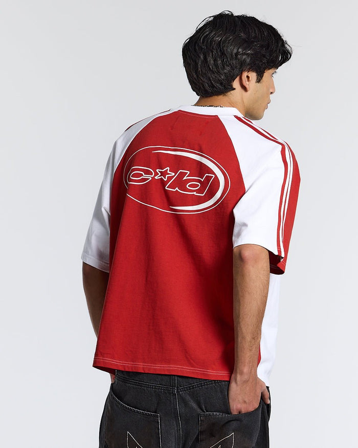 COMBO TEE WHITE/RED - white and red raglan tee, back view on male model - Cold Culture #man