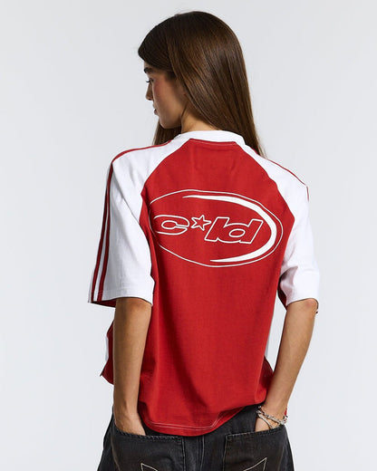 COMBO TEE WHITE/RED - white and red raglan tee, back view on female model - Cold Culture #woman