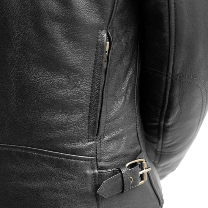 Competition Ladies leather jacket adjustable waist tab and rear zipper vent detail