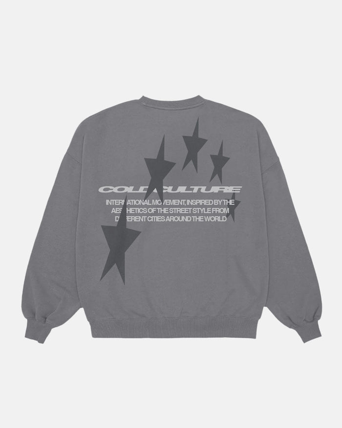 COSMOS ARC CREWNECK SMOKEY GREY - grey oversized crewneck sweatshirt, back view - Cold Culture