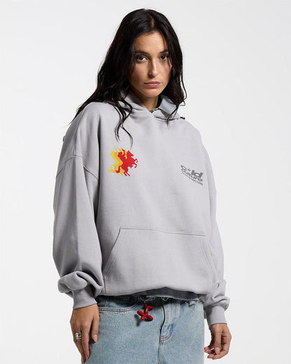 COWBOY HOODIE COOL GREY - grey graphic print hoodie, front view on female model - Cold Culture #woman