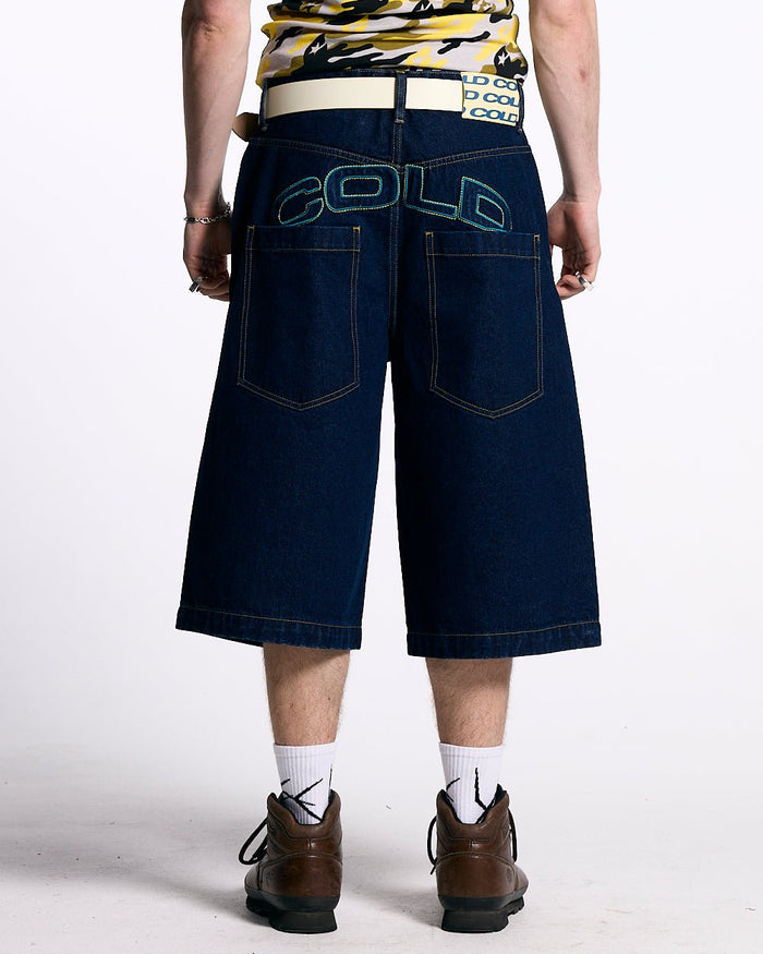 COWBOY SHORTS BLUE - dark blue denim shorts, back view on male model - Cold Culture #man