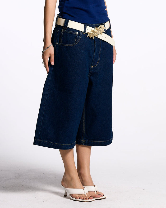 COWBOY SHORTS BLUE - dark blue denim shorts, front view on female model - Cold Culture #woman