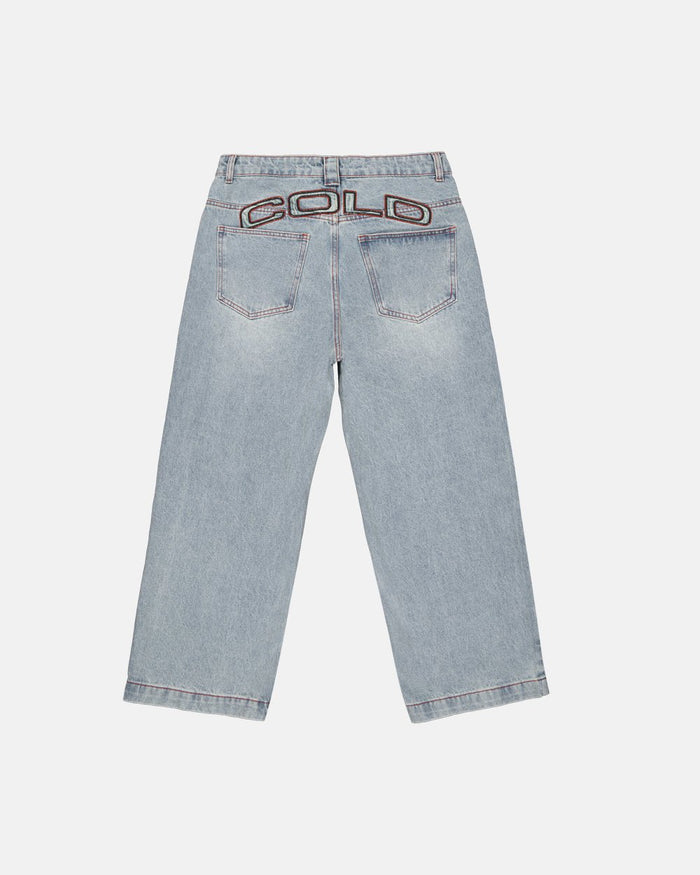 COWBOY V1 PANTS BLUE DENIM - light blue baggy denim pants, back view - Cold Culture