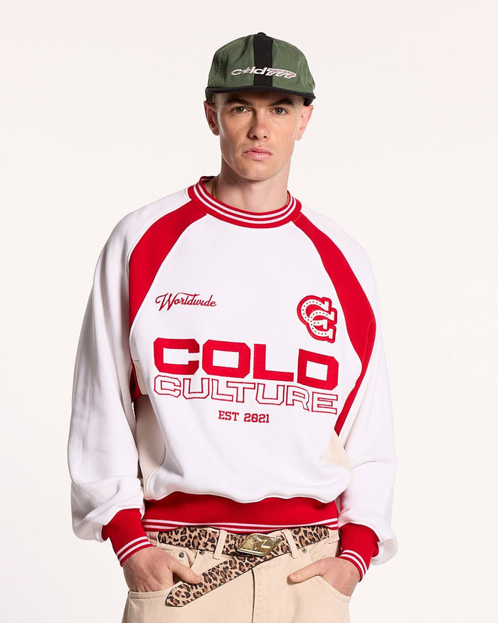 COWBOY VARSITY CREWNECK FIERY RED - red and white varsity crewneck, front view on male model - Cold Culture #man