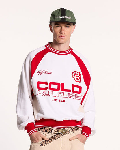 COWBOY VARSITY CREWNECK FIERY RED - red and white varsity crewneck, front view on male model - Cold Culture #man