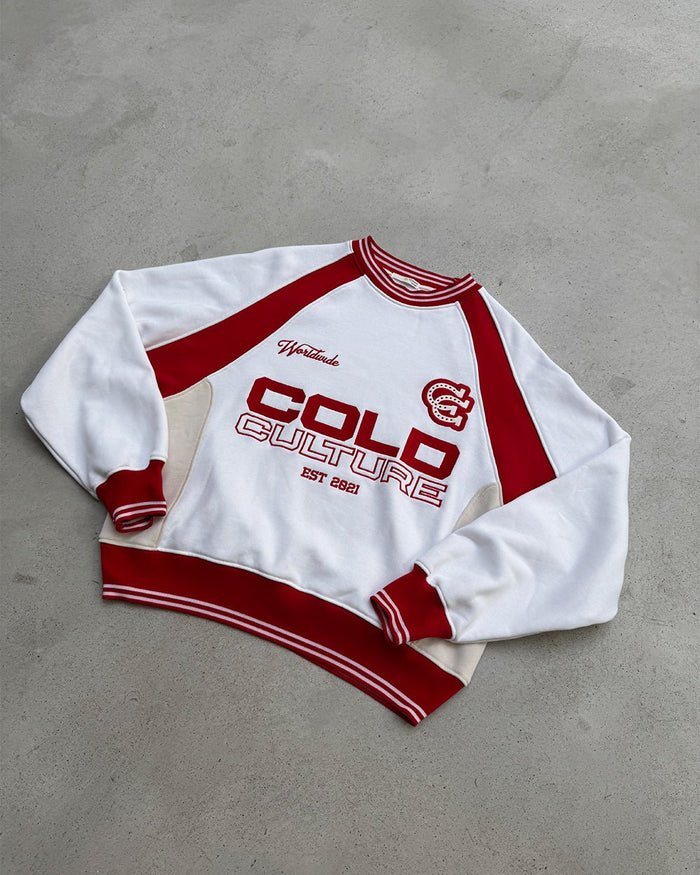 COWBOY VARSITY CREWNECK FIERY RED - red and white varsity crewneck, flat lay - Cold Culture