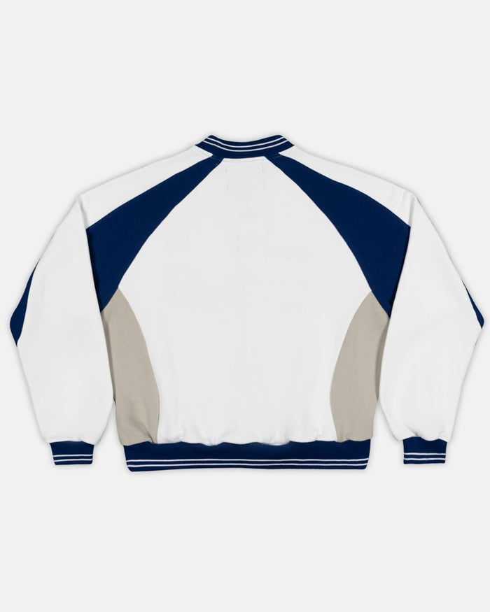 COWBOY VARSITY CREWNECK WHITE/BLUE - white and navy varsity crewneck sweatshirt, back view - Cold Culture