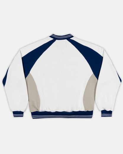 COWBOY VARSITY CREWNECK WHITE/BLUE - white and navy varsity crewneck sweatshirt, back view - Cold Culture