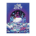 Surreal cartoon scene with crowned white creature, purple and blue background, ghostly and robotic figures, and the fall of troy text above. The style is whimsical and fantasy-like.