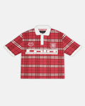 CRIMSON PLAID POLO TEE - red plaid polo shirt, front view - Cold Culture