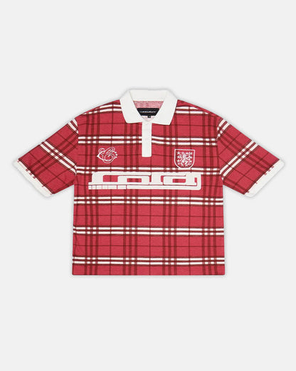 CRIMSON PLAID POLO TEE - red plaid polo shirt, front view - Cold Culture