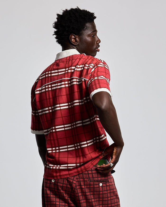 CRIMSON PLAID POLO TEE - red plaid polo shirt, back view on male model - Cold Culture #man