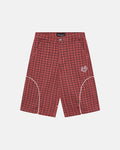 CRIMSON PLAID SUIT JORTS - red plaid shorts, front view - Cold Culture