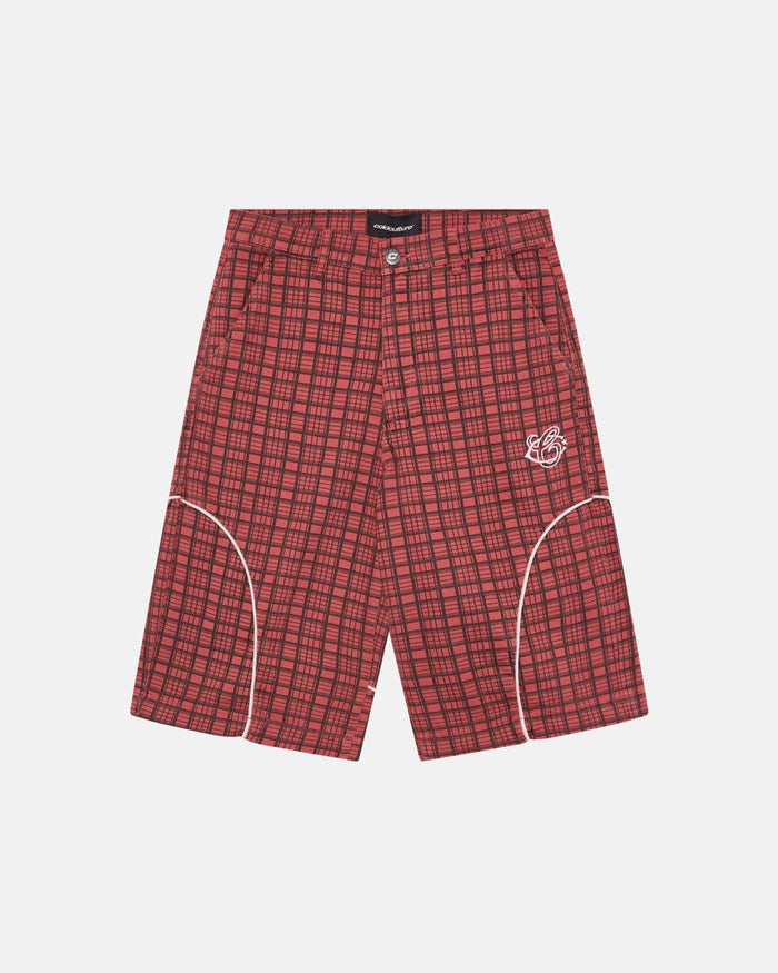 CRIMSON PLAID SUIT JORTS - red plaid shorts, front view - Cold Culture