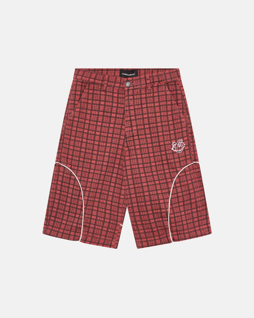 CRIMSON PLAID SUIT JORTS - red plaid shorts, front view - Cold Culture