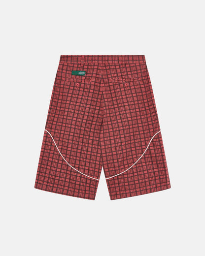 CRIMSON PLAID SUIT JORTS - red plaid shorts, back view - Cold Culture