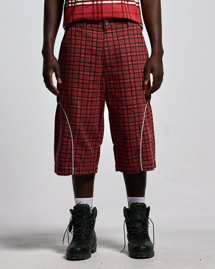 CRIMSON PLAID SUIT JORTS - red plaid shorts, front view on male model - Cold Culture #man