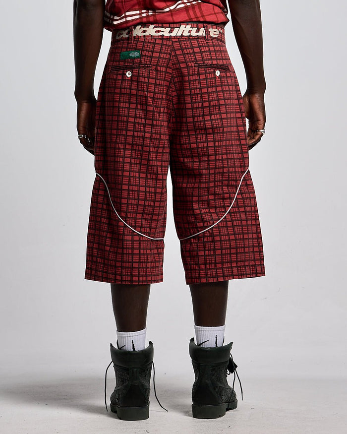 CRIMSON PLAID SUIT JORTS - red plaid shorts, back view on male model - Cold Culture #man