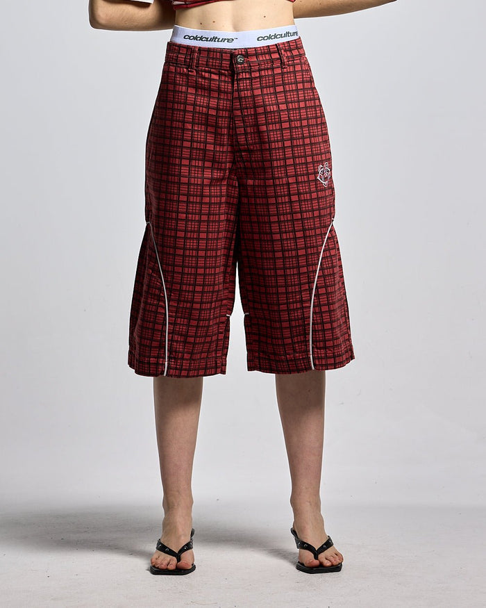 CRIMSON PLAID SUIT JORTS - red plaid shorts, front view on female model - Cold Culture #woman