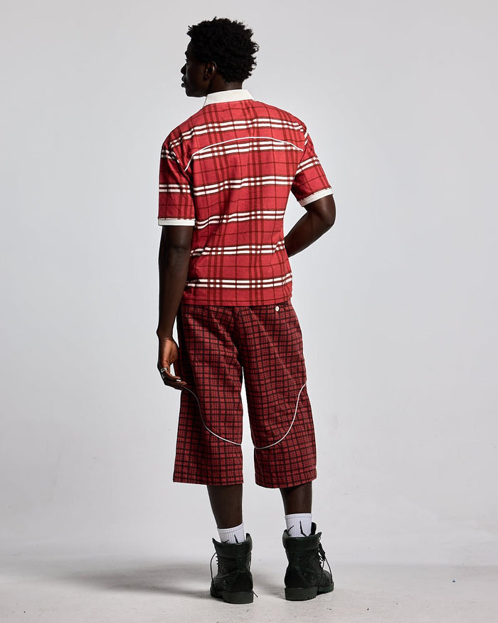 CRIMSON PLAID SUIT JORTS - red plaid shorts, back view on male model - Cold Culture #man