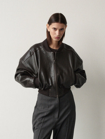 CROPPED BOMBER LEATHER JACKET IN DARK BROWN