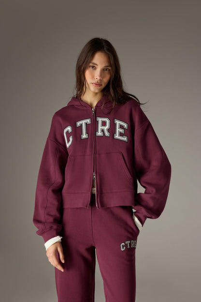 CTRE APPLIQUE ZIP THROUGH HOODIE - PLUM