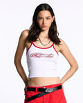 CURLY COLD STRASS TOP WHITE AND RED - white rhinestone print strappy top, front view on female model - Cold Culture #woman