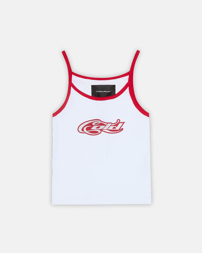 CURLY COLD STRASS TOP WHITE AND RED - white rhinestone print strappy top, front view - Cold Culture