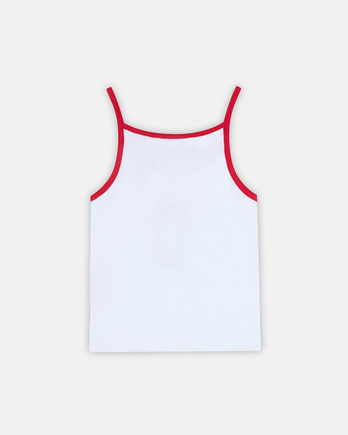 CURLY COLD STRASS TOP WHITE AND RED - white rhinestone print strappy top, back view - Cold Culture