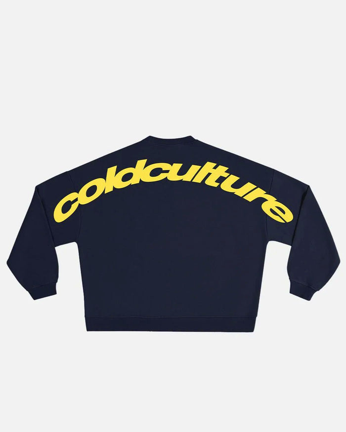 CURVED CREWNECK MIDNIGHT BLUE - navy logo print crewneck sweatshirt, back view - Cold Culture