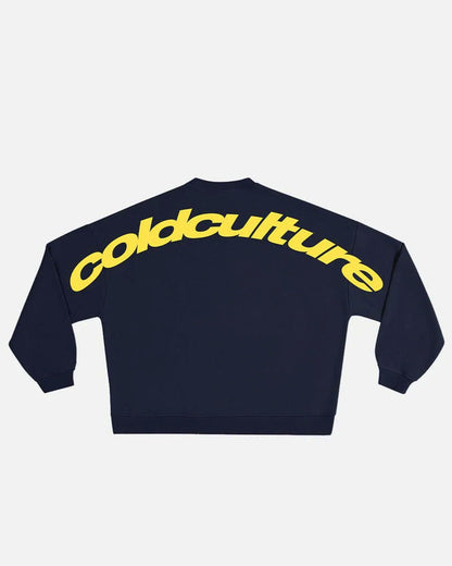 CURVED CREWNECK MIDNIGHT BLUE - navy logo print crewneck sweatshirt, back view - Cold Culture