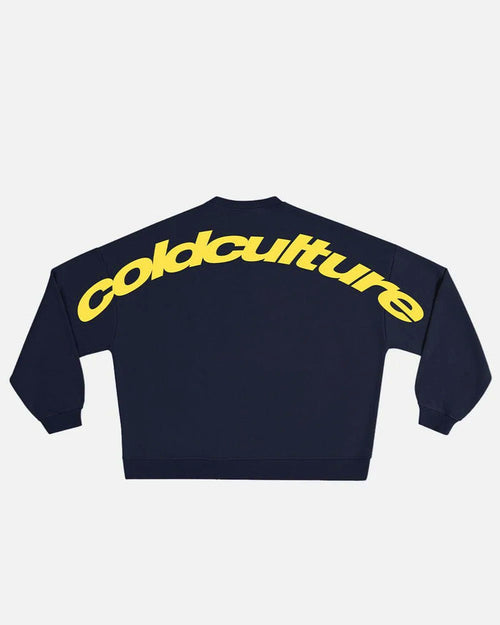 CURVED CREWNECK MIDNIGHT BLUE - navy logo print crewneck sweatshirt, back view - Cold Culture