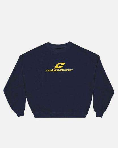 CURVED CREWNECK MIDNIGHT BLUE - navy logo print crewneck sweatshirt, front view - Cold Culture