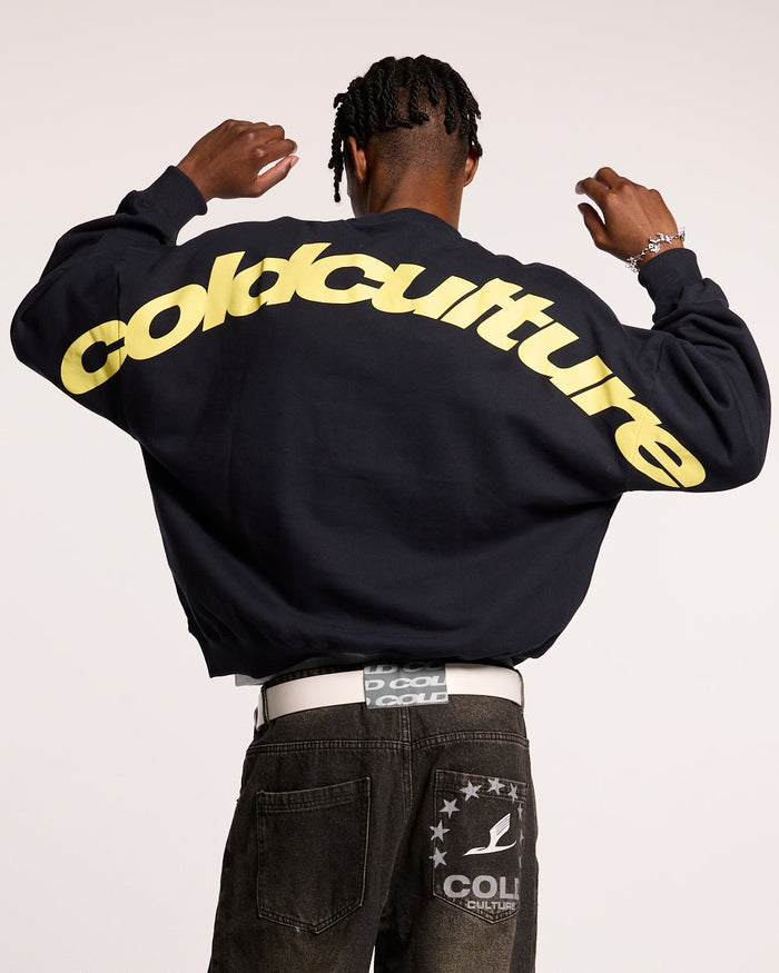 CURVED CREWNECK MIDNIGHT BLUE - navy logo print crewneck sweatshirt, back view on male model - Cold Culture #man