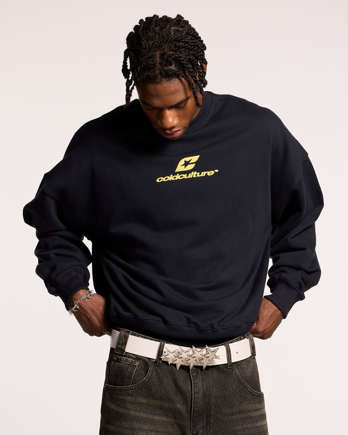 CURVED CREWNECK MIDNIGHT BLUE - navy logo print crewneck sweatshirt, front view on male model - Cold Culture #man