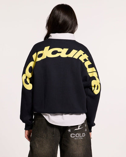 CURVED CREWNECK MIDNIGHT BLUE - navy logo print crewneck sweatshirt, back view on female model - Cold Culture #woman