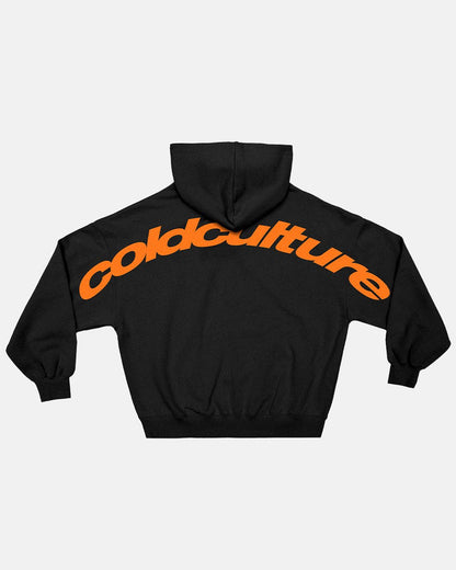CURVED HOODIE BLACK - black logo print hoodie, back view - Cold Culture
