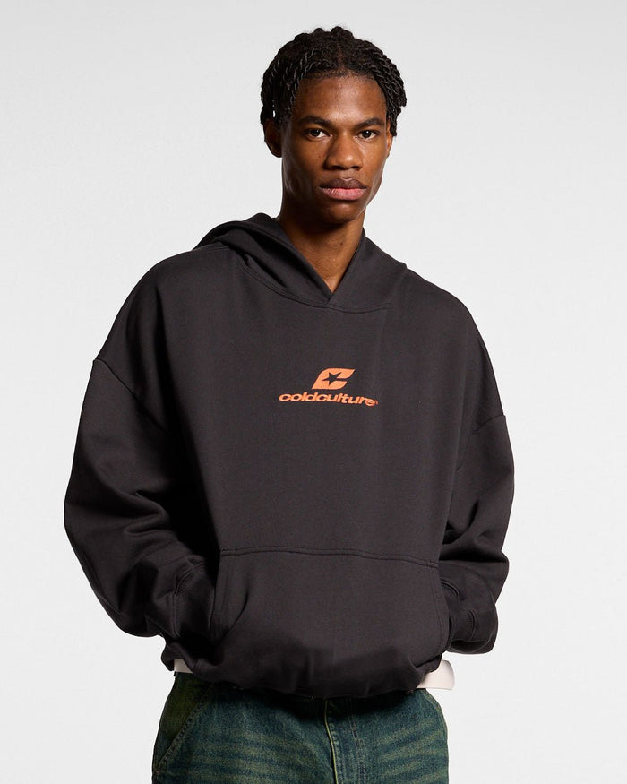 CURVED HOODIE BLACK - black logo print hoodie, front view on male model - Cold Culture #man