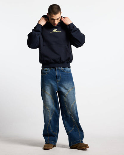 CURVED HOODIE MIDNIGHT BLUE - navy blue oversized hoodie, front view on male model - Cold Culture