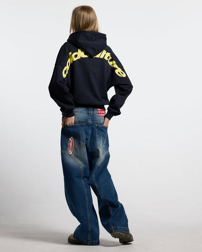 CURVED HOODIE MIDNIGHT BLUE - navy blue oversized hoodie, back view on female model - Cold Culture