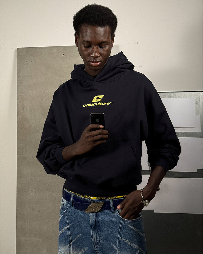 CURVED HOODIE MIDNIGHT BLUE - navy blue oversized hoodie, street style shot - Cold Culture