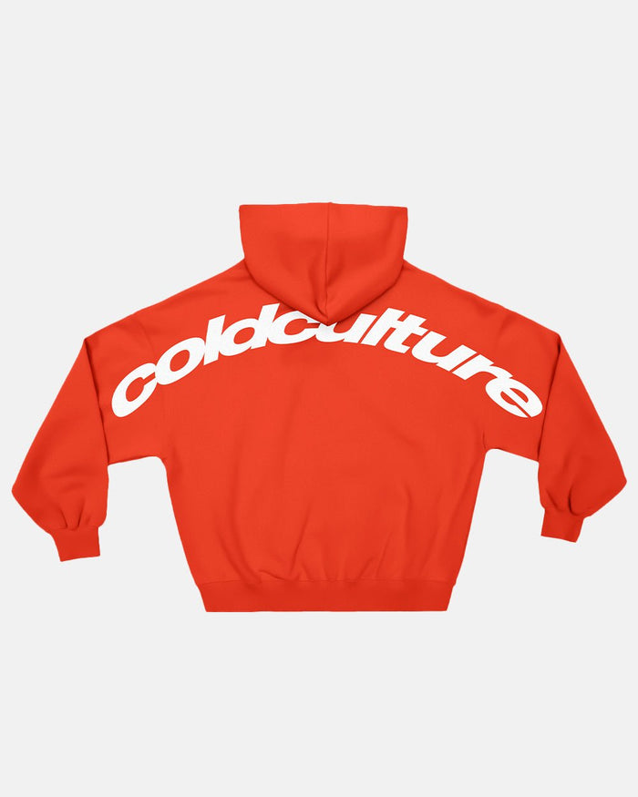 CURVED HOODIE VIBRANT RED - red logo print hoodie, back view - Cold Culture
