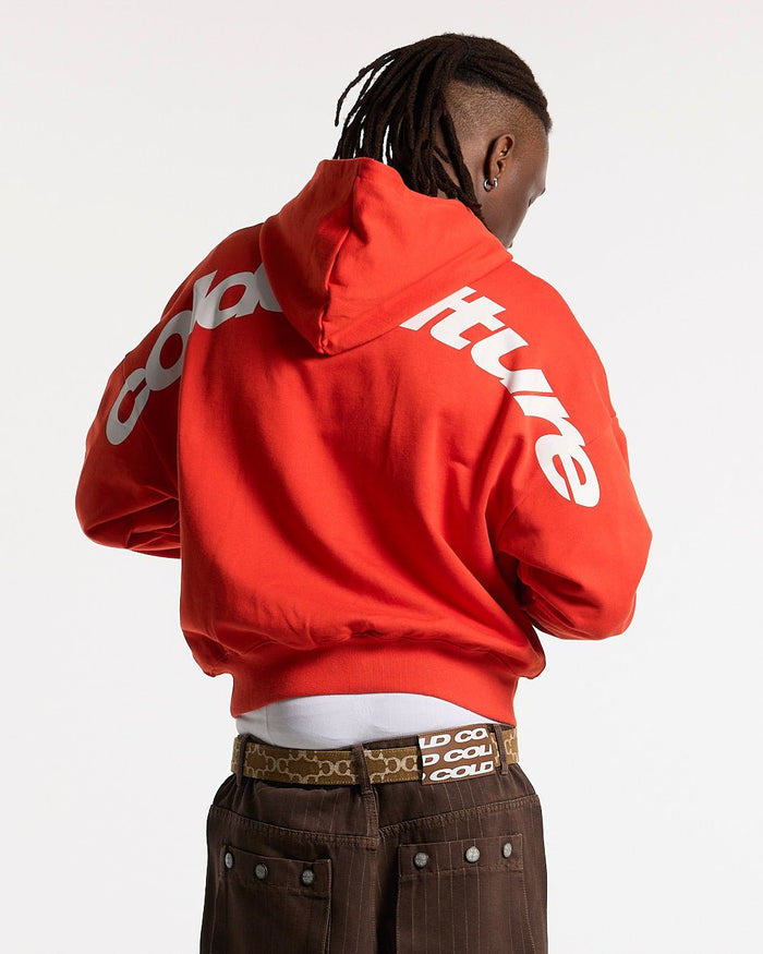 CURVED HOODIE VIBRANT RED - red logo print hoodie, back view on male model - Cold Culture