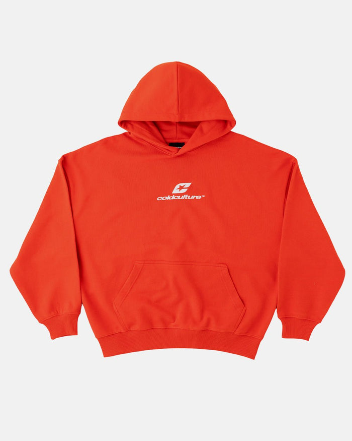 CURVED HOODIE VIBRANT RED - red logo print hoodie, front view - Cold Culture