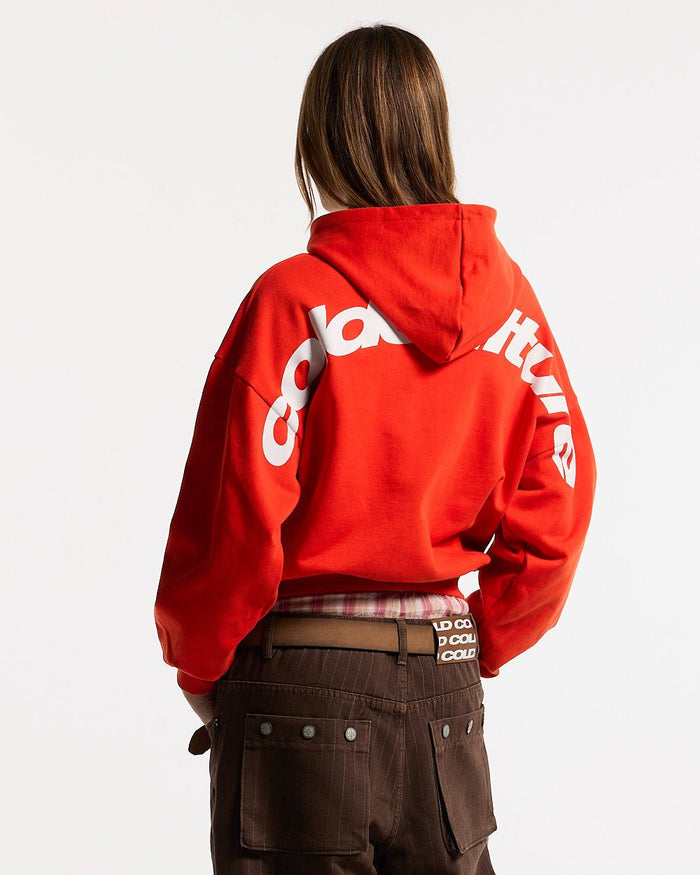 CURVED HOODIE VIBRANT RED - red logo print hoodie, back view on female model - Cold Culture